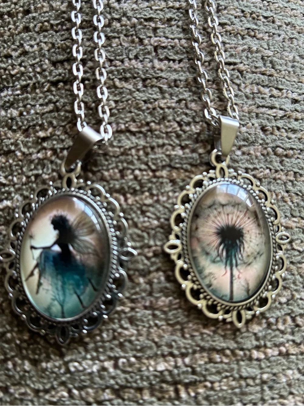 Vintage-Style Dandelion and fairy Art Pendant Necklaces in Teal and Beige #2